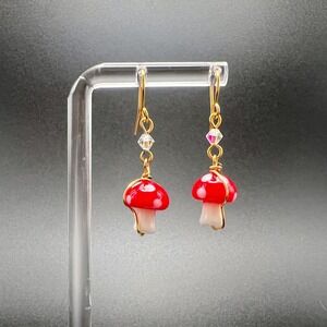 Mushroom Drop Earrings AB Crystal Red White Glass Cottagecore Whimsical Amanita